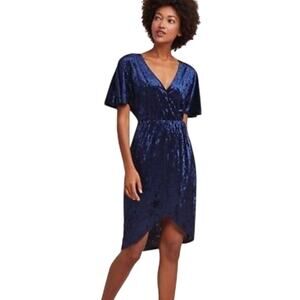 ANTHROPOLOGIE Sunday In Brooklyn Blue Velvet Plisse Wrap Dress S